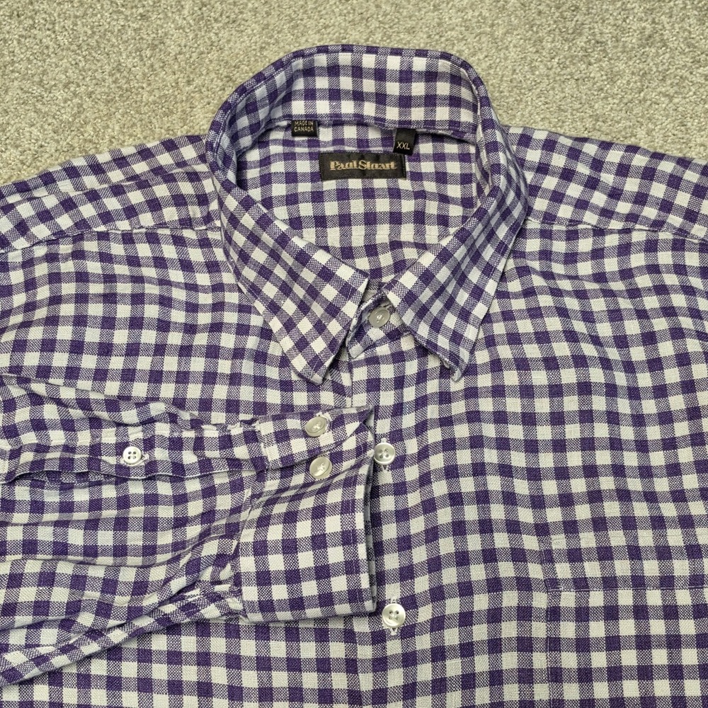 Paul Stuart XXL Purple White Gingham 100% Linen Button Front Shirt Preppy
